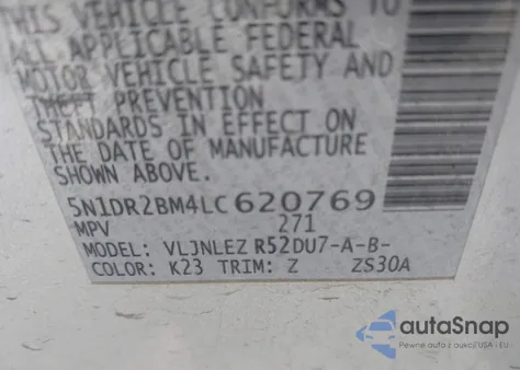 2020 Nissan Pathfinder Sv 4Wd из США, поврежденный, VIN 5N1DR2BM4LC620769